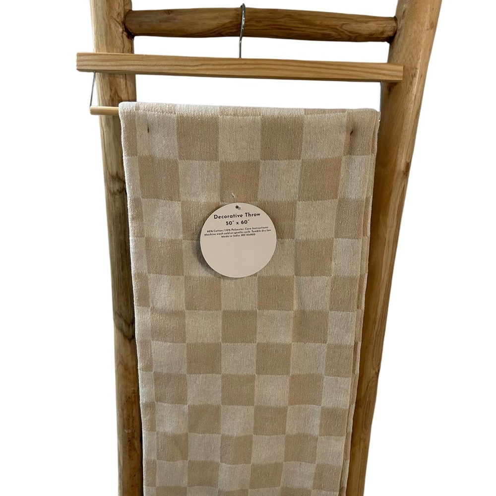 Bungalow Studio Linen Co. Tan Checkerboard Boho Throw Blanket - NWT - Picture 4 of 5